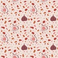 Beautiful pink terrazzo seamless pattern with figs fruit. Decorative granite stone texture. Repeating tile, autumn, fall