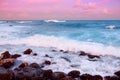 Beautiful pink tinted waves breaking on a rocky beach at sunrise on east coast of Big Island of Hawaii Royalty Free Stock Photo