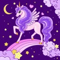 A beautiful pink unicorn with a lilac mane on a rainbow. Vector Royalty Free Stock Photo