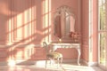 A beautiful pink wall with an elegant white dressing table and mirror, adorned with soft sunlight streaming through the window Royalty Free Stock Photo