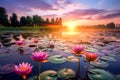 Beautiful pink water lily or lotus flower blooming on the lake at sunset. Generative AI Royalty Free Stock Photo