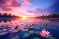 Beautiful pink water lily or lotus flower blooming on the lake at sunset. Generative AI Royalty Free Stock Photo