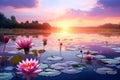 Beautiful pink water lily or lotus flower blooming on the lake at sunset. Generative AI Royalty Free Stock Photo