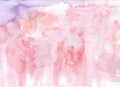 Beautiful pink watercolor background. Hand-drawn abstract illustration. Red and purple streaks and drops. Delicate pastel colors.