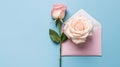 Beautiful pink and white rose flowers and envelope on blue background, congratulations and anniversary concept, Valentine s day