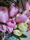 beautiful pink and yellow fake flowers, flowers in the basket, beautiful and dazzling flowers Royalty Free Stock Photo