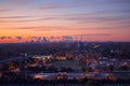 morning sky clouds in Toronto city, Canada. Rays of early rising sun. Landscape aerial top view with urban street. Royalty Free Stock Photo