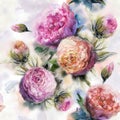 Beautiful pink and yellow roses  with green leaves on blurred watercolor background. Seamless floral pattern. Watercolor painting Royalty Free Stock Photo