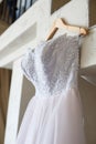 Pinl and white wedding dress, closeup