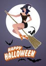 Beautiful pinup witch flying on a broom with a black cat. Happy Halloween text surrounded by bats