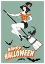 Beautiful pinup witch flying on a broom with a black cat. Happy Halloween text surrounded by bats