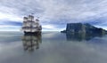 Pirate ship in blue sky and beautiful calm sea, 3d rendering