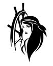 Pirate woman and ship helm black vector portrait Royalty Free Stock Photo