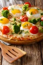 Beautiful pizza with eggs, broccoli, cheese, tomatoes and greens Royalty Free Stock Photo