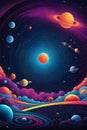 A beautiful planets in an outter space landscape, in psychedelic graphic design, cartoon style, space theme Royalty Free Stock Photo