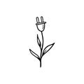 Beautiful plant growing with socket plug instead of flower with leaves in black isolated on white. Hand drawn vector sketch doodle Royalty Free Stock Photo