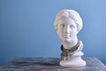 A beautiful plaster bust of Aphrodite is wearing different necklaces, on a vintage table.