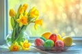 Beautiful plate with Easter eggs and a bouquet of yellow flowers on the table in the room Royalty Free Stock Photo