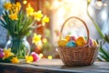 Beautiful plate with Easter eggs and a bouquet of yellow flowers on the table in the room Royalty Free Stock Photo