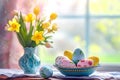 Beautiful plate with Easter eggs and a bouquet of yellow flowers on the table in the room Royalty Free Stock Photo