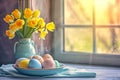 Beautiful plate with Easter eggs and a bouquet of yellow flowers on the table in the room Royalty Free Stock Photo