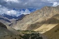 Beautiful play of light on the valley of Basgo, snow capped Himalayan mountains in the background. Leh, Union territory of Ladakh