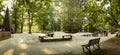 Beautiful playground with wooden equipment in a city park