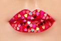 Beautiful plump pink lips with pasted hearts