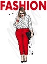 Beautiful plus size girl in stylish clothes. Woman in shirt, trousers and shoes. Fashionable accessories.