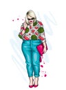 Beautiful plus size girl in stylish clothes. Woman in shirt, trousers and shoes. Fashionable accessories.