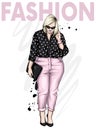 Beautiful plus size girl in stylish clothes. Woman in shirt, trousers and shoes. Fashionable accessories. Royalty Free Stock Photo