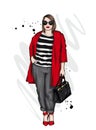 Beautiful plus size girl in a stylish coat, trousers and glasses. Stylish woman in high-heeled shoes. Fashion & Style. Vector