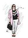 Beautiful plus size girl in a stylish coat, trousers and glasses. Stylish woman in high-heeled shoes. Fashion & Style. Vector