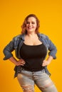 Beautiful plus-size model with big breast smiling at camera Royalty Free Stock Photo