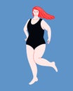 Beautiful plus size woman with flutter red hair in one piece swimsuit. Body positive flat vector illustration. Curvy Royalty Free Stock Photo