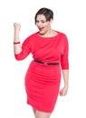 Beautiful plus size woman in red dress with yes gesture isolated Royalty Free Stock Photo