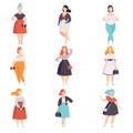 Beautiful plus size women in fashionable clothes set, curvy, overweigh girl pinup model vector Illustrations on a white