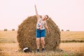 Beautiful Plus Size Young Woman Girl Jumping Near Haystack Royalty Free Stock Photo