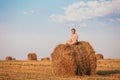 Beautiful Plus Size Young Woman In Shirt Sit Near Hay Bales In S Royalty Free Stock Photo