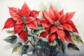 Beautiful poinsettia flowers on white background. Watercolor painting AI generated Generative AI