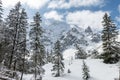 Beautiful Polish Tatra mountains in winter with snowy trees and frozen Mnich (Monk) rocky mountain in background.