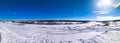 Winter landscape ponarama river. Beautiful lake background with trees and blue sky. Clear blue sky with clouds. Royalty Free Stock Photo