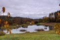 A beautiful pond in the arboretum of Aubonne, Switzerland in the autumn season