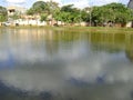 Beautiful pond landscape, trees on the sides and shadows of clouds