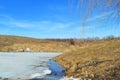 Beautiful pond. Willow branches. Mesmerizing blue sky