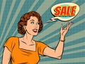 A beautiful pop art woman advertises a sale