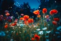 Beautiful poppy field in the night and full moon