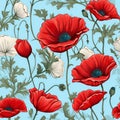 Beautiful poppy flower blooms seamless pattern in top view for textile designs and backgrounds