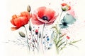 Beautiful poppy flower, poppies in bloom. Watercolor illustration. Generative Ai.