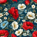 Beautiful poppy flower seamless pattern with top view blooms, ideal for textile design